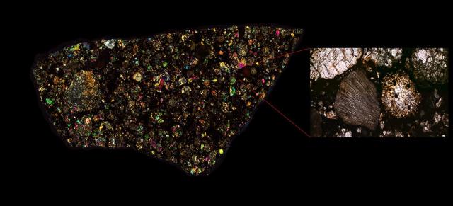 Aba Panu Meteorite Thin Section - XPL HDR Pathscan Enabler with annotation.

Solar Anamnesis, CC BY-NC-SA 2.0 via Flickr: https://flic.kr/p/2hmGQj6