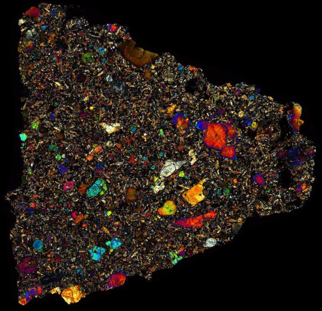 Tissint Meteorite Thin Section - XPL HDR Pathscan Enabler.

Solar Anamnesis, CC BY-NC-SA 2.0 via Flickr: https://flic.kr/p/2iy9SVg