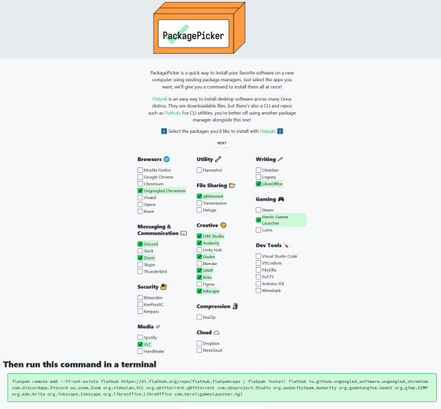 Screenshot of the site PackagePicker.co