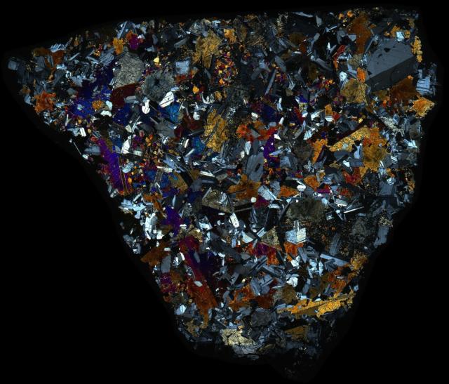 Northwest Africa (NWA) 5558 Meteorite Thin Section - XPL HDR Pathscan Enabler.