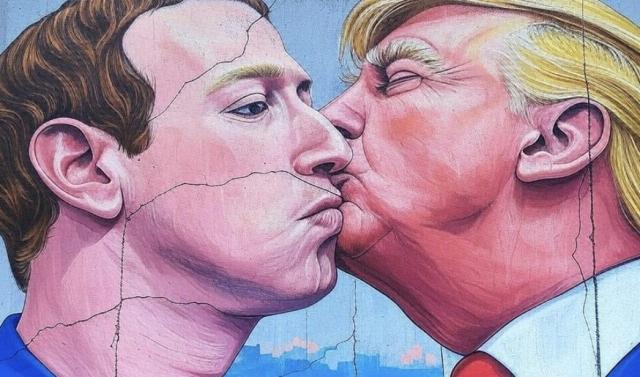 Ilustración en forma de fresco que muestra a Mark Zuckerberg y Donald Trump besándose