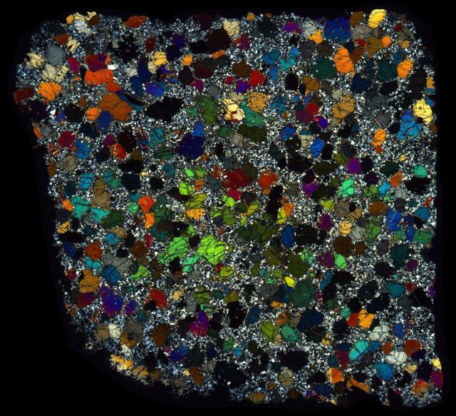 Northwest Africa (NWA) 4587 Meteorite Thin Section - XPL HDR Pathscan Enabler.