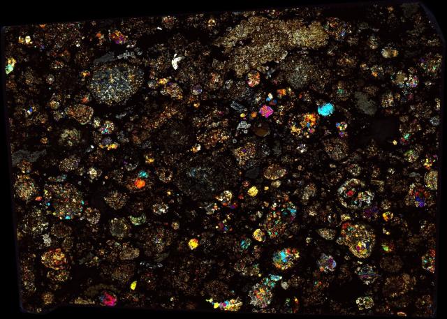 Northwest Africa (NWA) 5028 Meteorite Thin Section - XPL HDR Pathscan Enabler.