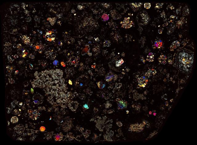 Northwest Africa (NWA) 5239 Meteorite Thin Section - XPL HDR Pathscan Enabler.