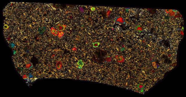 Northwest Africa (NWA) 8716 Meteorite Thin Section - XPL HDR Pathscan Enabler.