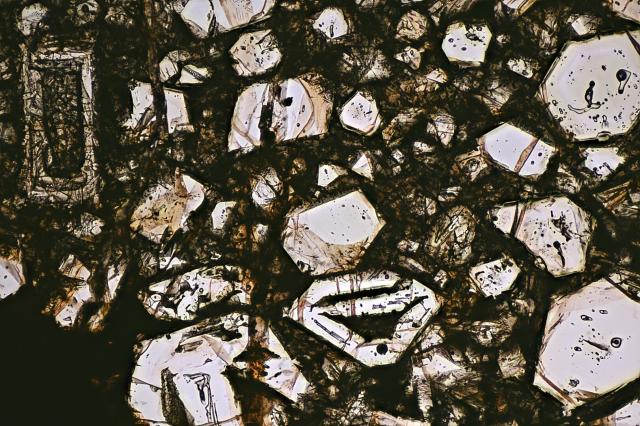 Microphoto of a thin section of the Northwest Africa (NWA) 12692 meteorite.