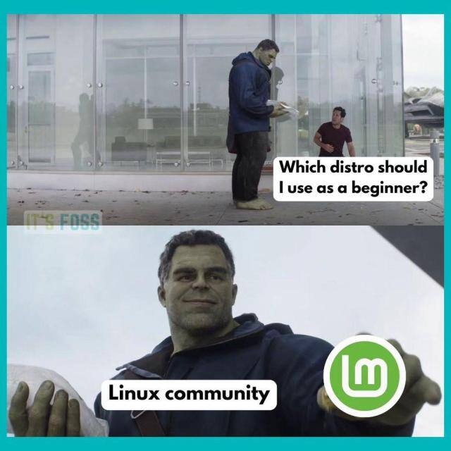 There are two parts to this comic, one is where Hulk walks in towards Ant-Man, where Ant-Man asks him, “Which distro should I use as a beginner?”.

To that, Hulk (also addressed as Linux Community here) offers Ant-Man a taco of “Linux Mint”.