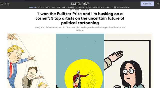 Screenshot of Fast Company article "'I won the Pulitzer Prize and I'm busking on a corner:' 3 top artists on the uncertain future of political cartooning"