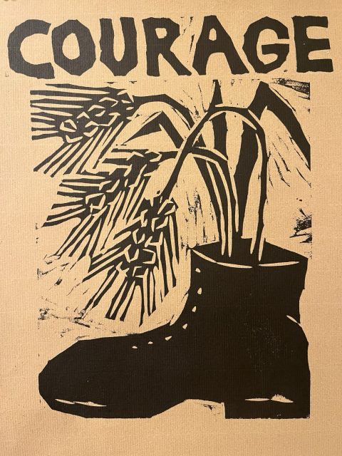 Print art of a boot with grain growing from it with the word “courage”