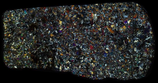 Northwest Africa (NWA) 5903 Meteorite Thin Section - XPL HDR Pathscan Enabler.