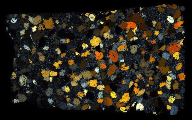 Northwest Africa (NWA) 4587 Meteorite Thin Section - XPL HDR Pathscan Enabler.