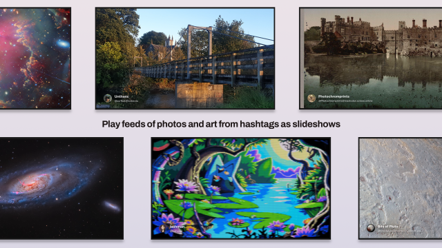 Play feeds of photos and art from hashtags as slideshows (screenshots of app showing full screen photos and artwork)