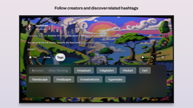Follow creators and discover related hashtags (screenshot of app with photo description and links to various hashtags)