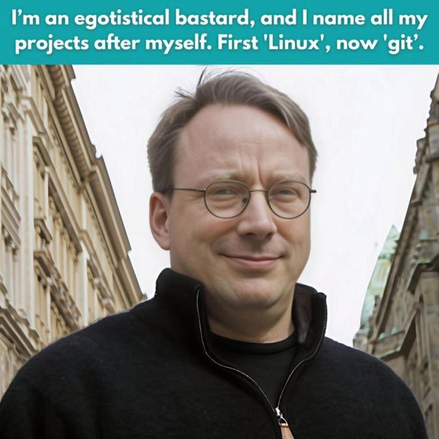 I'm an egotistical bastard, and I name all my projects after myself. First 'Linux', now 'git'.

That text is followed by a photo of Linus Torvalds.