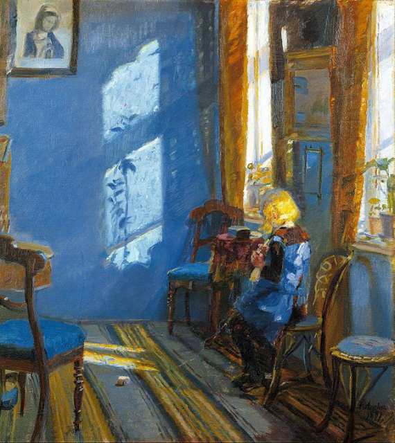 As indicated by its full title: Sunshine in the Blue Room. Helga Ancher Knitting in Grandmother's Parlour the painting depicts Anna's daughter Helga knitting in her grandmother's room. With her back to the observer, the child is busy crocheting. Despite its everyday subject, the painting is one of Anna Ancher's most captivating masterpieces with its many shades of blue and the sense of tranquility it conveys. Devoid of action, the theme is essentially the play of light in the room. The only indication of the outside world is the light streaming through the window.