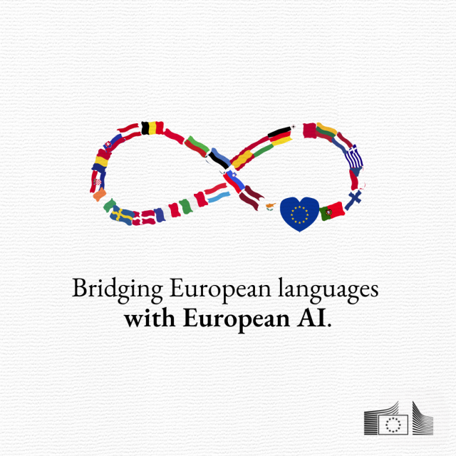 A stylised infinity symbol made up of small flags of various European countries, with a heart featuring the EU flag at the bottom center. Below, text reads "Bridging European languages with European AI." A small European Commission logo is in the bottom right corner. 