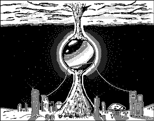 A 1bit drawing of an underground city. In the center of the city is a massive glowing sphere held up by stalagmites 