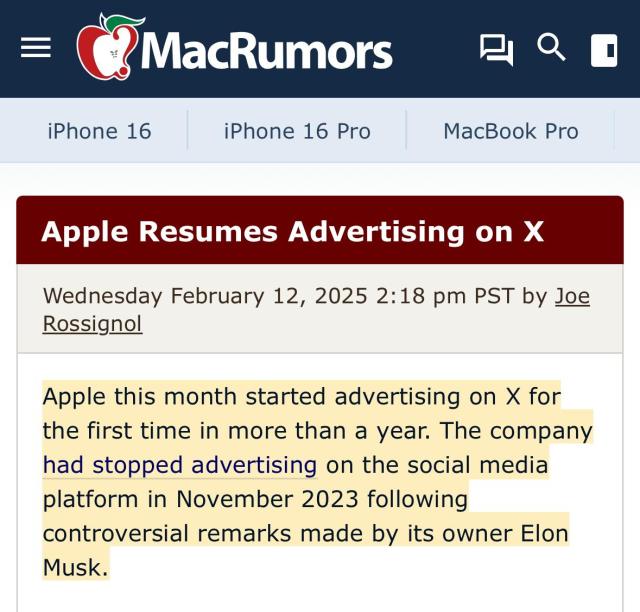 MacRumors:

“Apple this month started advertising on X for the first time in more than a year. The company had stopped advertising on the social media platform in November 2023 following controversial remarks made by its owner Elon Musk.”