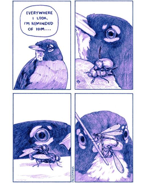 Panel one: an american robin stares pensively, thinking to itself "everywhere I look, I'm reminded of him..."
Panel two: the robin looks closely at two beetles copulating 
Panel three: the robin side-eyes two houseflies mating
Panel four: the robin observes two damselflies fornicating