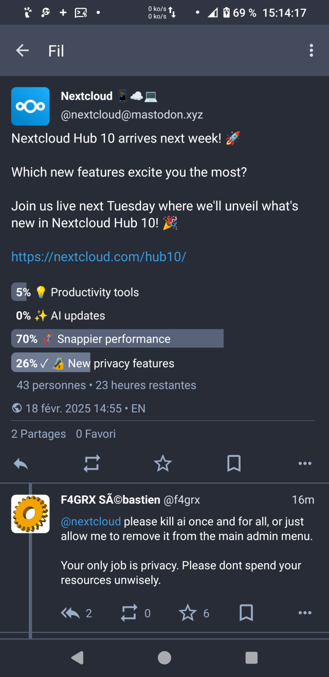 Screenshot of the previous poll showing that zero of 43 votes are given to "ai updates"
