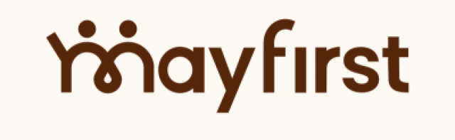 May First logo in brown, featuring stylised human figures integrated into the lettering.