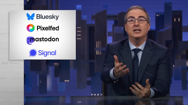 john oliver with a slide with bluesky, pixelfed, mastodon and signal