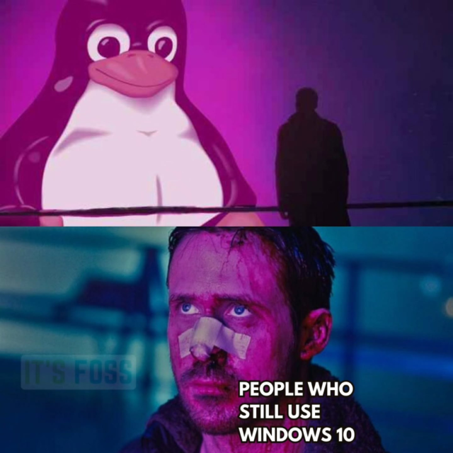 There is a glowing Tux on a massive screen nearby, with a man standing on an elevated walkway staring at it.

In the second picture, the man can be seen with a badly injured face, with this written nearby: “People who still use Windows 10”.