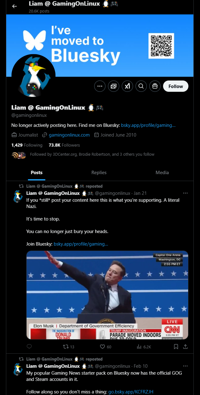 My X/Twitter profile saying I've moved to Bluesky, with a photo of Musk being a Nazi