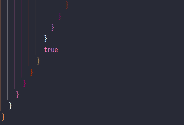 a sea of closing squiggle brackets in the lesbian flag colour palette