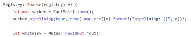 Registry::Sparse(registry) => {
            let mut sucker = CurlMulti::new();
            sucker.pipelining(true, true).map_err(|e| format!("pipelining: {}", e))?;

            let writussy = Mutex::new(&mut *out);