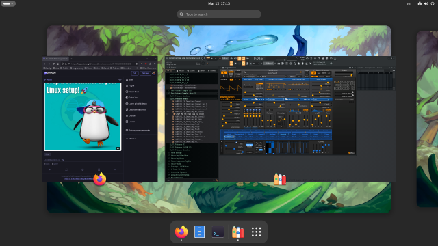 Screenshot of Fedora Silverblue Desktop using GNOME open in activity view with Firefox open to fosstodon.org and FL Studio running in a bottle.
Pinned applications are Firefox, Nautilus File explorer, Terminal, and Bottles is open but not pinned.