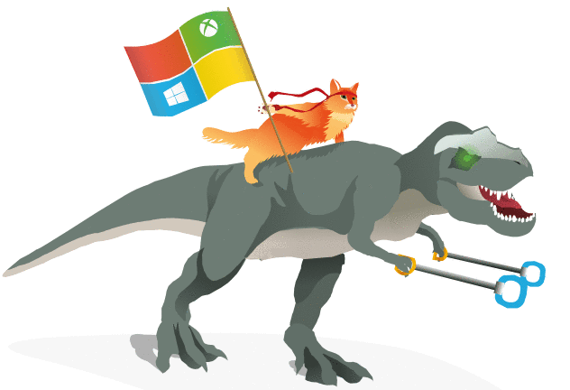 The Microsoft Ninjacat holding a Microsoft-colored flag while riding on a gray T-Rex with two grabby hand toys. The image is animated, featuring the cat's headband waving in the wind, and the T-Rex stomping along, clacking the grabby hands.