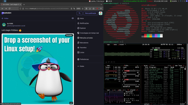 Screenshot of a Linux desktop with a status bar on top, with indicators (virtual desktops, date and time, network, disk usage, battery and system tray). Tiling below the status bar is a web browser on the left, with Mastodon opened, and on the right a terminal window with neofetch on top and another terminal window with btop running on the bottom.