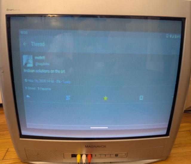 a photo of a crt mirroring my phone showing moth's recent "lesbian.solutions on the crt" post