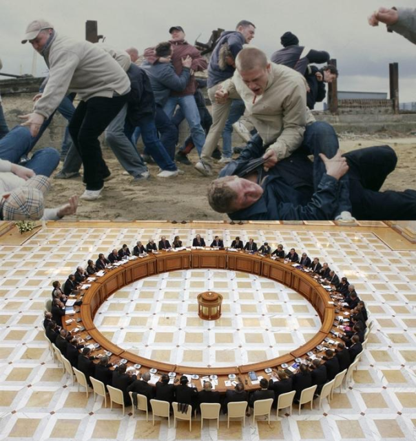 two photos. the top photo is of a bunch of guys beating each other up. the bottom photo is of a collection of businesspeople sitting in a circular layout, presumably calmly debating something