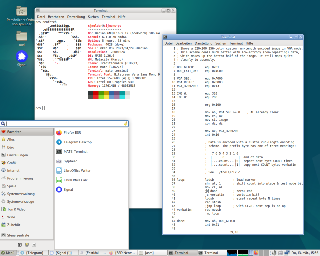 Desktop screenshot. Very vanilla: Debian, MATE, showing two terminals with code and neofetch.