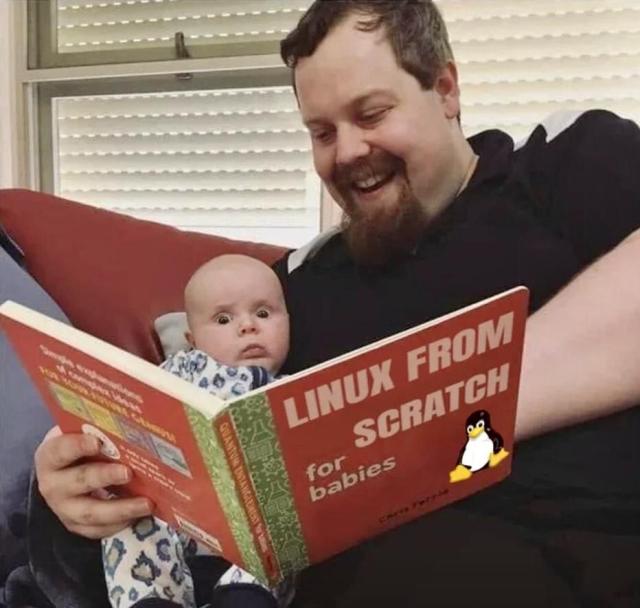 A Baby in dad's arms, looks wide eyed as dad reads 'Linux from Scratch for babies' 