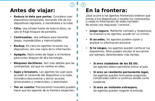 Recomendaciones para Antes de viajar, y En la Frontera. Texto demasiado largo, mejor checar el link y leer el pdf.
