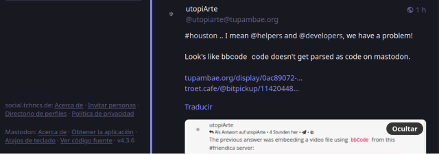 Screen of how the post to thehelpers forum looks like on this server. Unless I'm wrong because the code letter isn't very different in mastodon the with code marked word isn't displayed as such.
