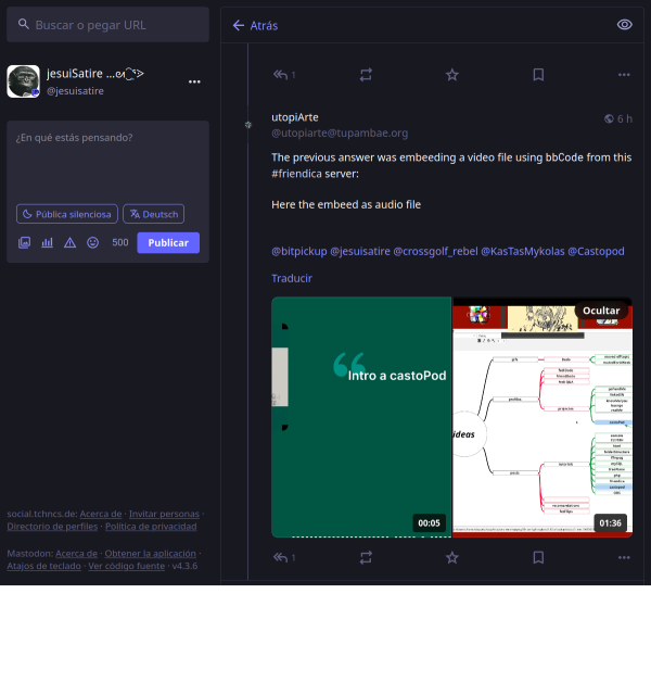 Screnn from social.tchncs.de
Both embeeded files, the mp3 and the mp4 are displayed as such. The first intent to play the audio file failed and the display stalled.