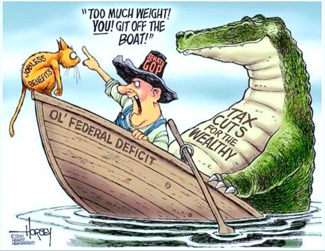 Comic- A brown wooden boat named Ol' Federal Deficit is sinking into the water stern first. In the boat a fat huge alligator emblazoned with (tax cuts for the wealthy) is sitting at the stern happily waiting for the end result. The owner of the boat seems panicked and knows the end is nigh (his hat states "Senate GOP") but instead of addressing the fat alligator at the stern instead he is angry at the tiny orange cat at the raised bow screaming, "Too much weight! You! Get off the boat." The cat (obviously not the problem) is emblazoned with (Jobless Benefits.)