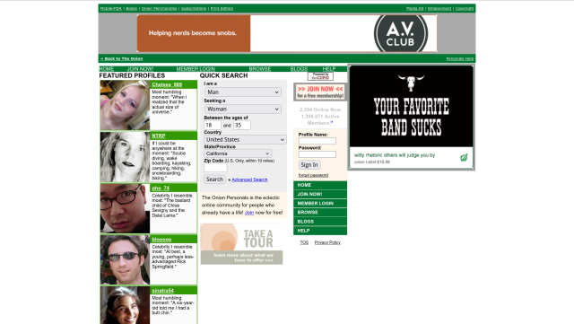 A screenshot of The Onion's personals page, showing some faces with quips as well as a search bar and login area.