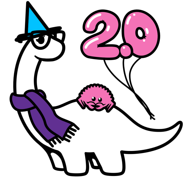 simple art of a cute dinosaur in white. it is wearing a blue witch hat, purple scarf, and glasses. it has mascara. it is accompanied by balloons reading "2.0" and a crab named ferris, both of which are pink.