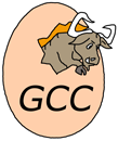 GCC logo. an egg with a gnu hatching from it. simple lineart, solid colours. the word "GCC" is printed on the egg.