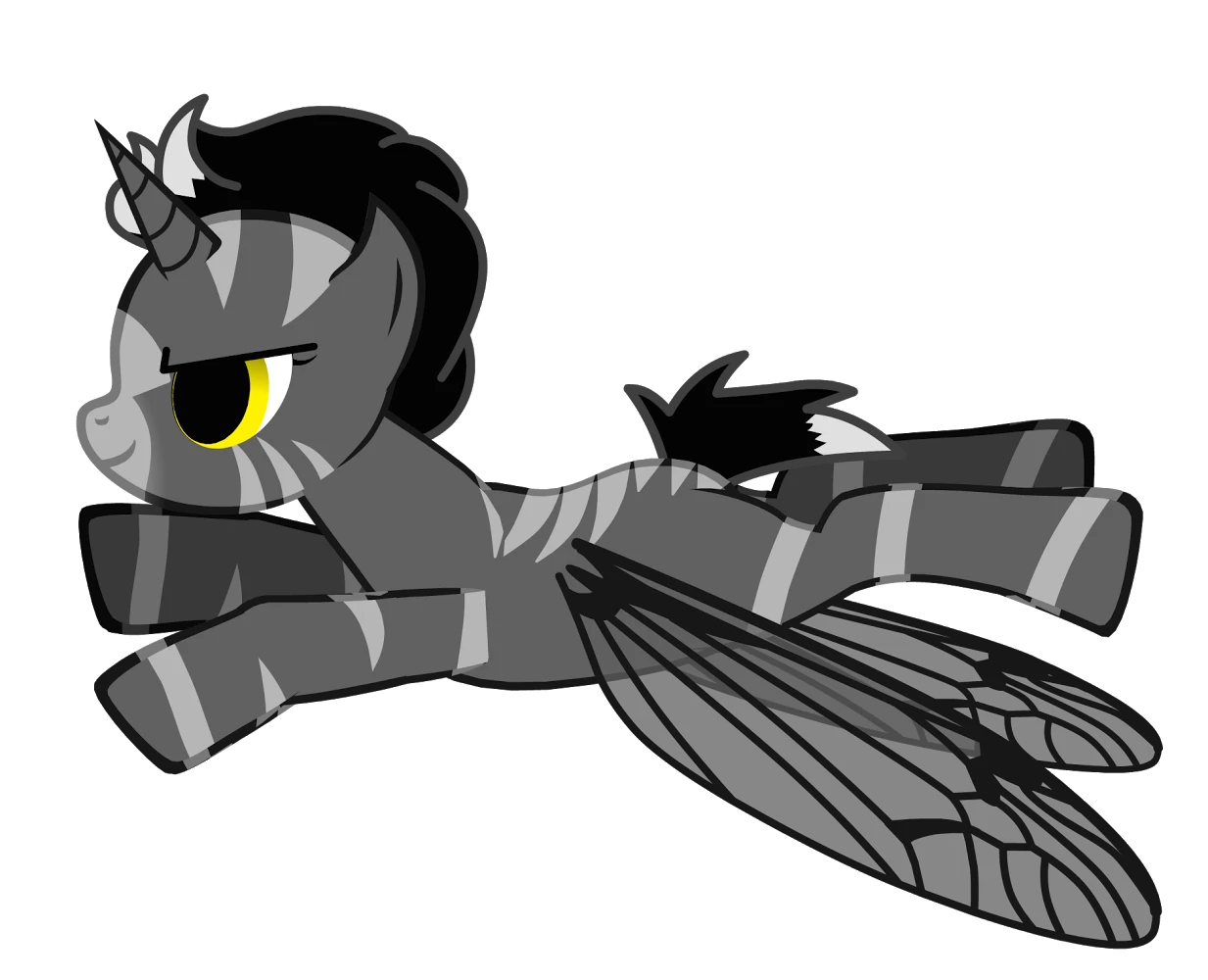 The eBPF bronie is black with grey stripes amd dark butterfly wings. It also has a horn. So this pony can do magic and fly.