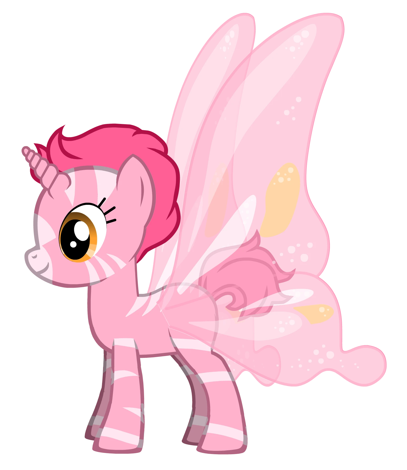 The bpftrace ponie is pink with white stripes, a horn and translucent butterfly like wings.