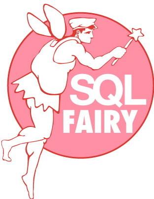 The SQL Fairy logo, featuring a person with wings, a saggy 'wifebeater' shirt and what looks like a tutu, hovering in the air holding a magic wand with a star on the end.