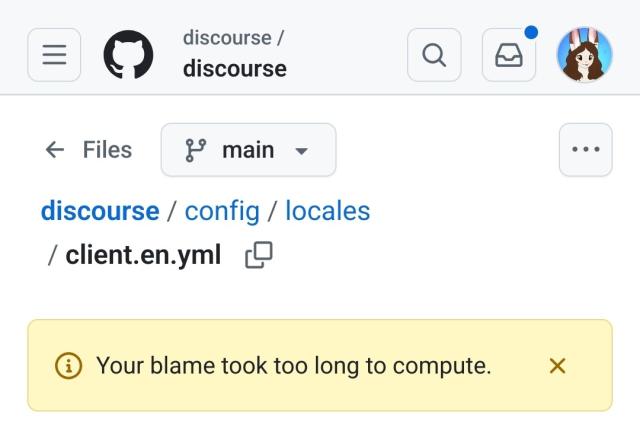github error banner reading "your blame took too long to compute"