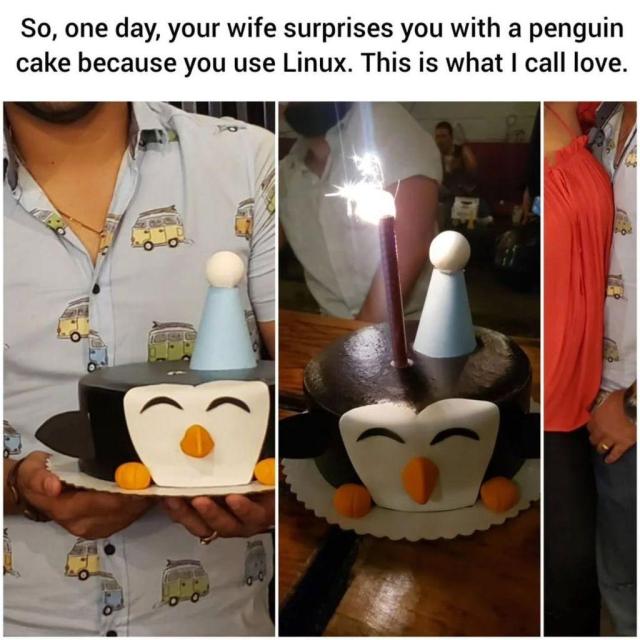 So, one day, your wife surprises you with a Penguin cake because you use Linux. This is what I call love.