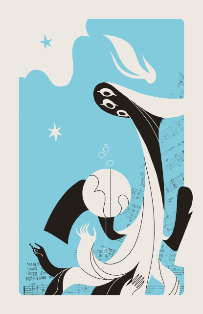 A many-armed, winged, mushroom-like entity peers into an orb and sigil with several eyes.